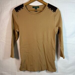 Lauren Ralph Lauren Ribbed Knit Top Brown Shoulder Detail‎ Long Sleeve